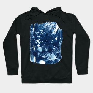 Cyanotype sunprinted beach landscape with wildflowers and shells Hoodie